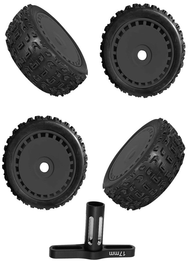 Rcarmumb RC 17mm Wheels Tires & Wheel Wrench for 1/8 Typhon 6S 3S BLX,Talion 6S BLX,Red cat,L0S1,Team,HPI,HPS,Kyosho,Hobao,4PCS Wheels Tires w/Wheel Wrench,Replace ARA550097,Black - Image 1